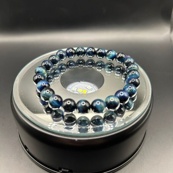 Blue Cat's Eye Bracelet Beaded Gemstone Elastic Stretch - Picture 1 of 4